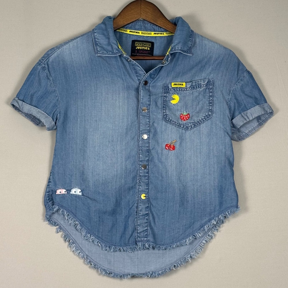 Justice Pac-Man Denim Shirt Girls Size 7/8 Blue Retro Y2K Excellent Embroidered